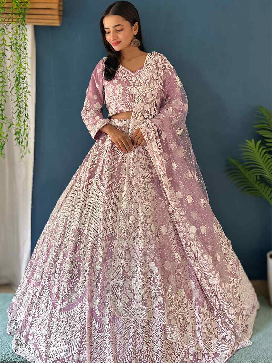 Light Purple Net Embroidered Wedding Festival Heavy Border Lehenga Choli