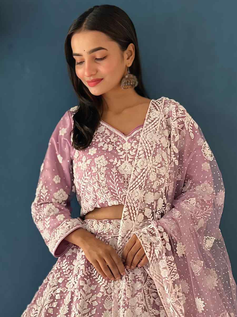 Light Purple Net Embroidered Wedding Festival Heavy Border Lehenga Choli