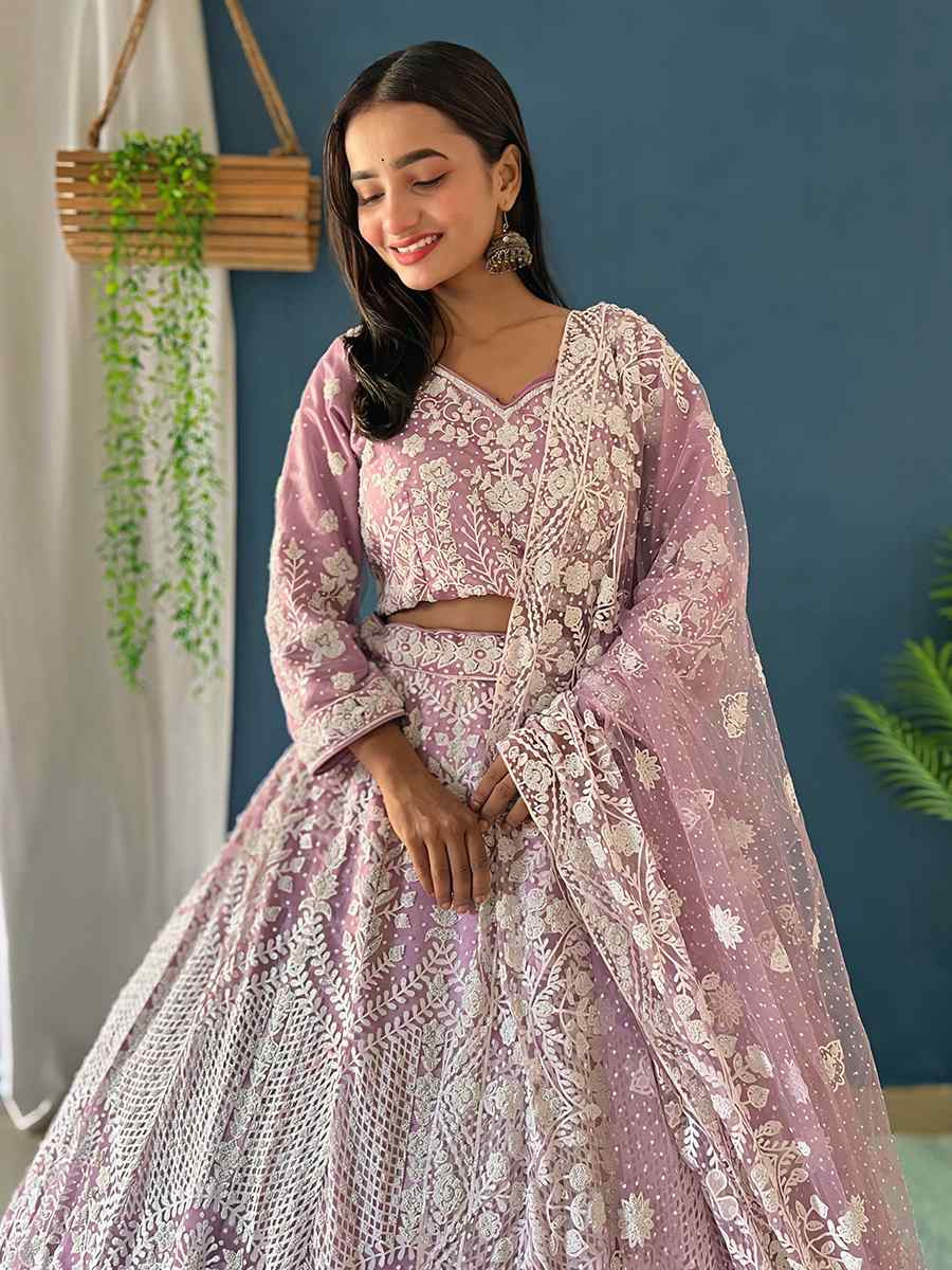 Light Purple Net Embroidered Wedding Festival Heavy Border Lehenga Choli