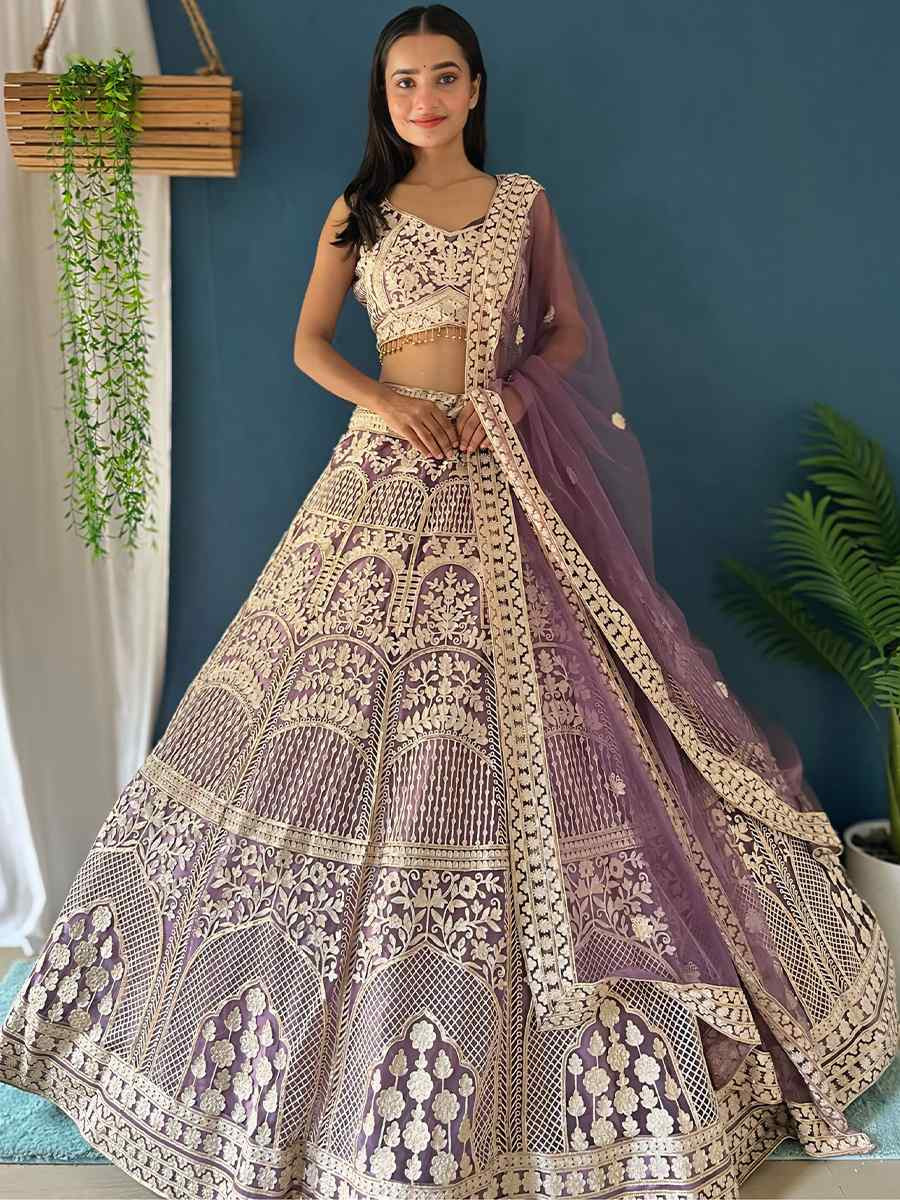 Light Purple Net Embroidered Wedding Festival Heavy Border Lehenga Choli