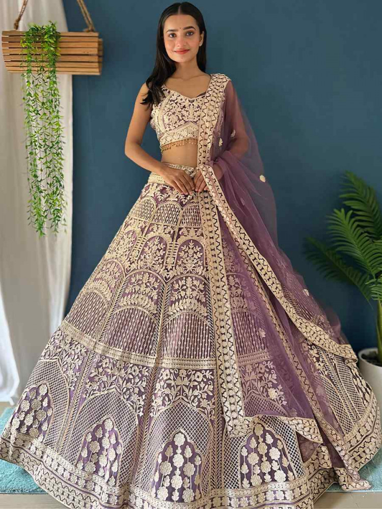 Light Purple Net Embroidered Wedding Festival Heavy Border Lehenga Choli