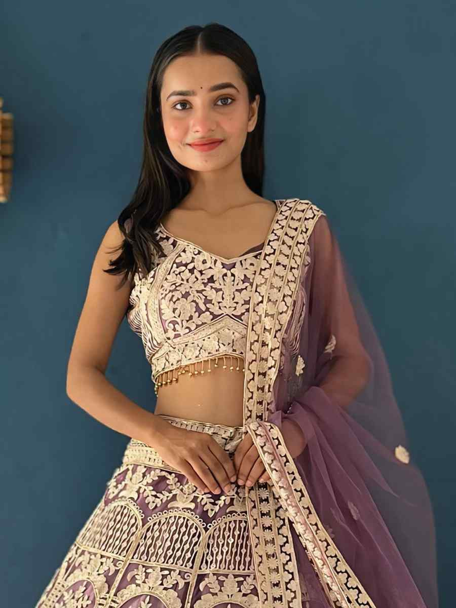 Light Purple Net Embroidered Wedding Festival Heavy Border Lehenga Choli