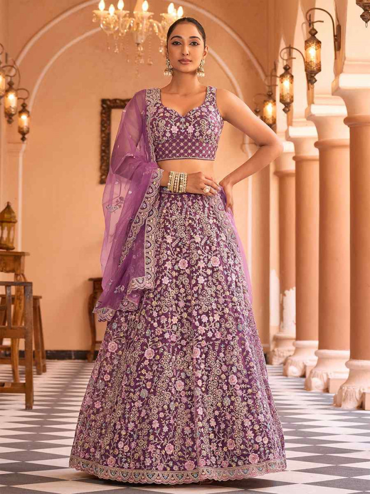 Image of Light Purple Net Embroidered Wedding Reception Festival Heavy Border Lehenga Choli