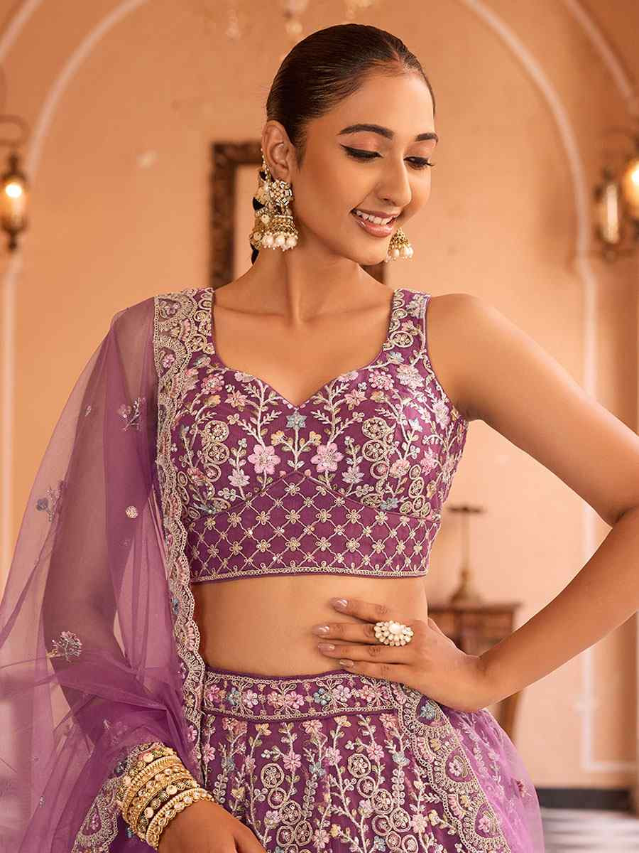 Light Purple Net Embroidered Wedding Reception Festival Heavy Border Lehenga Choli