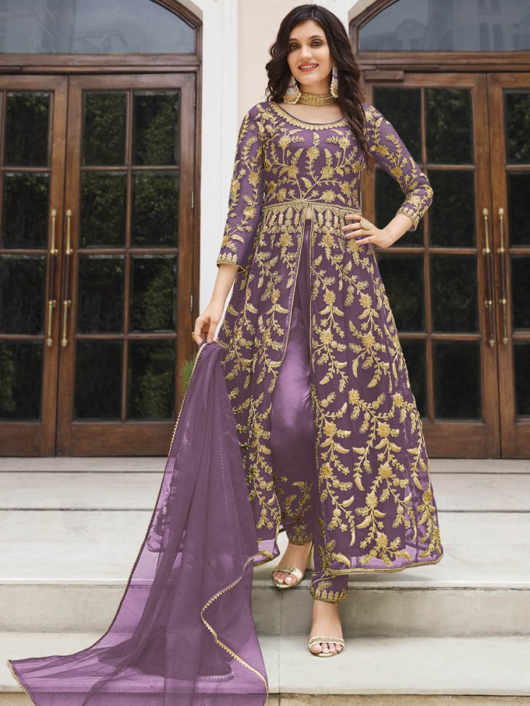 Light Purple Pure Butterfly Net Embroidered Wedding Festival Lawn Salwar Kameez