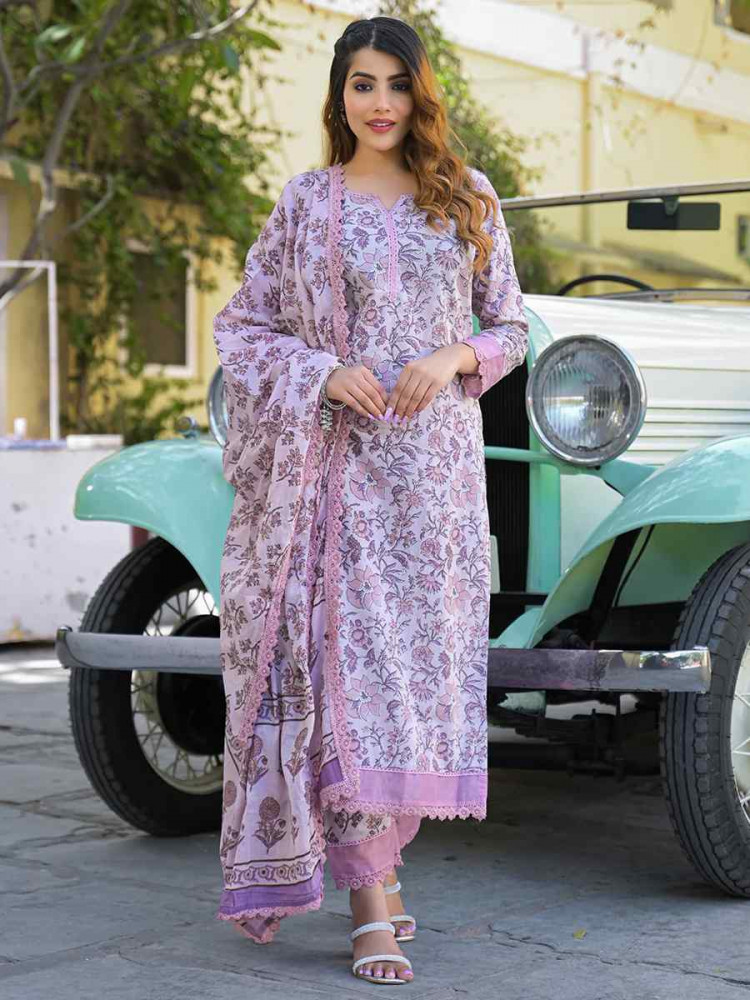 Image of Light Purple Pure Cotton  Embroidery Party Wedding Festival Casual Ready Pant Salwar Kameez