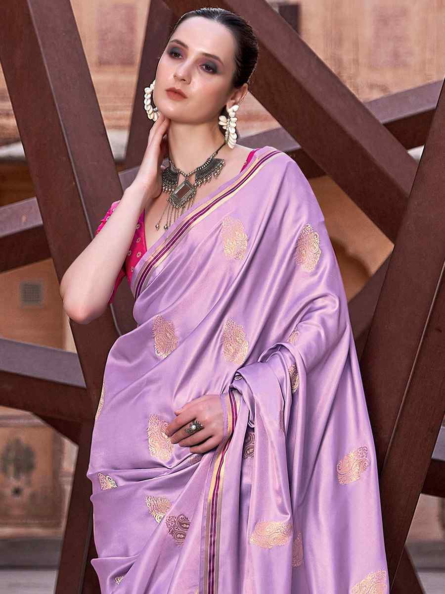 Light Purple Pure Satin Handwoven Wedding Festival Heavy Border Saree
