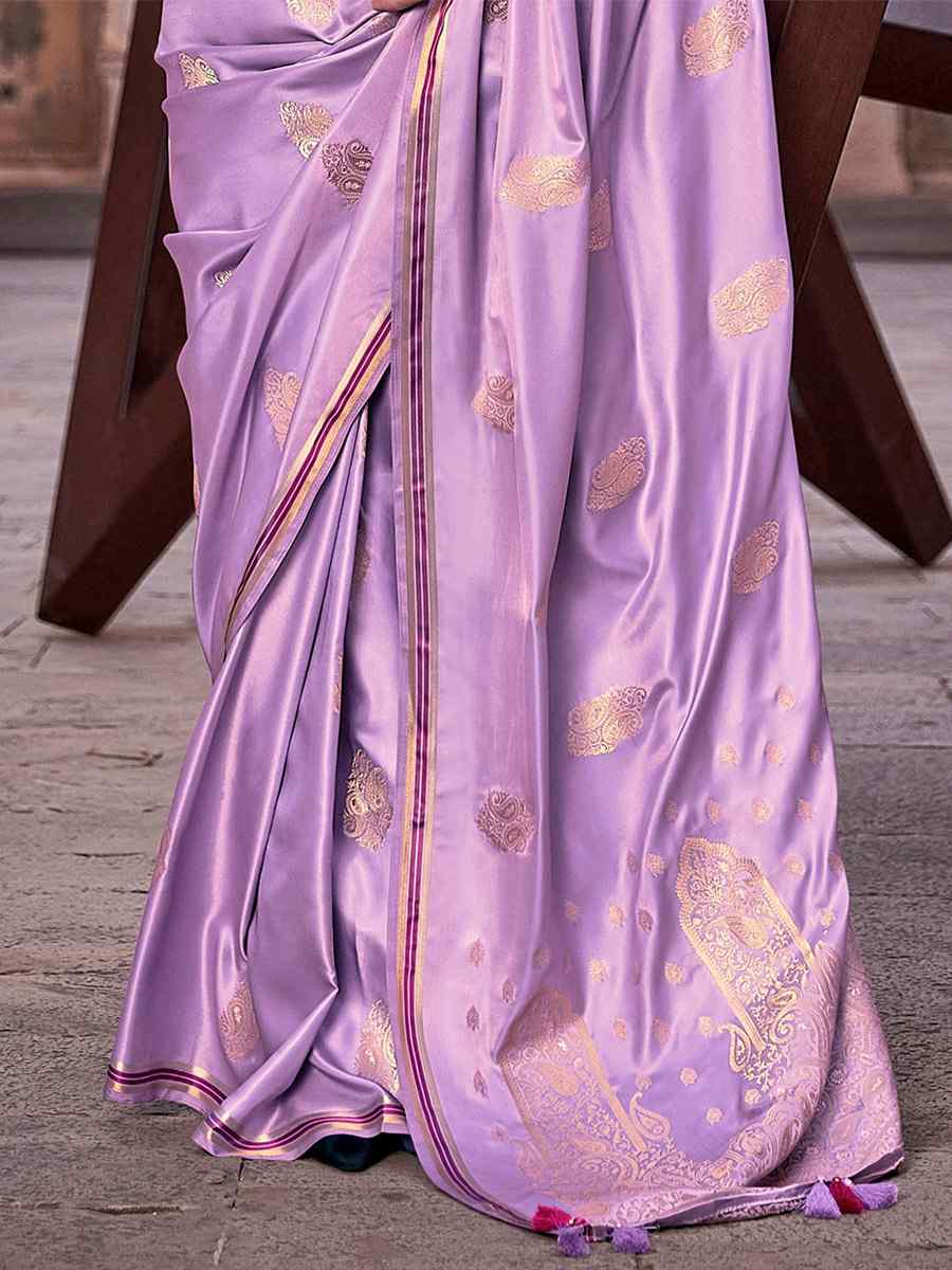 Light Purple Pure Satin Handwoven Wedding Festival Heavy Border Saree