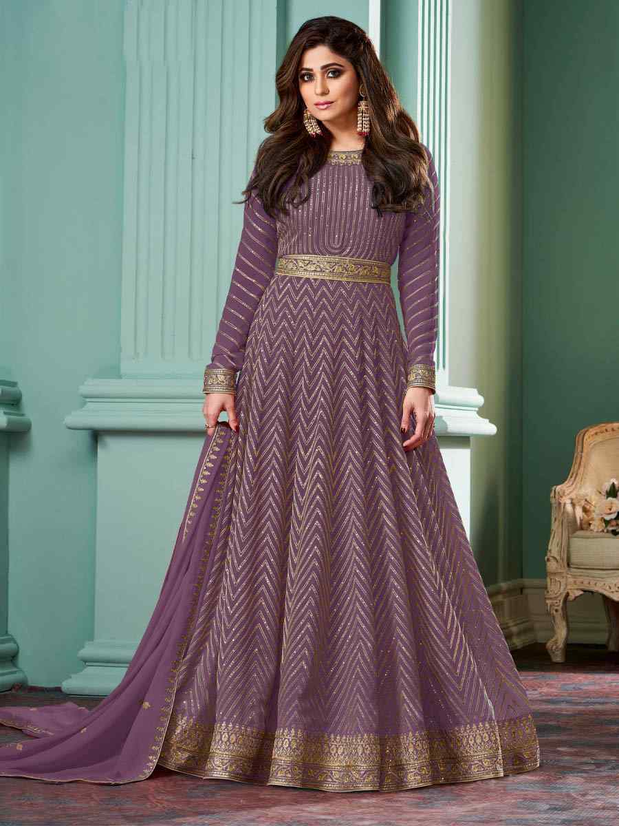 Light Purple Real Georgette Embroidered Festival Wedding Bollywood Style Anarkali Salwar Kameez