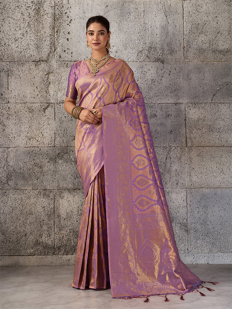 Light Purple Silk Blend Kanjivaram Wedding Reception Party Festival Casual Heavy Border Sarees