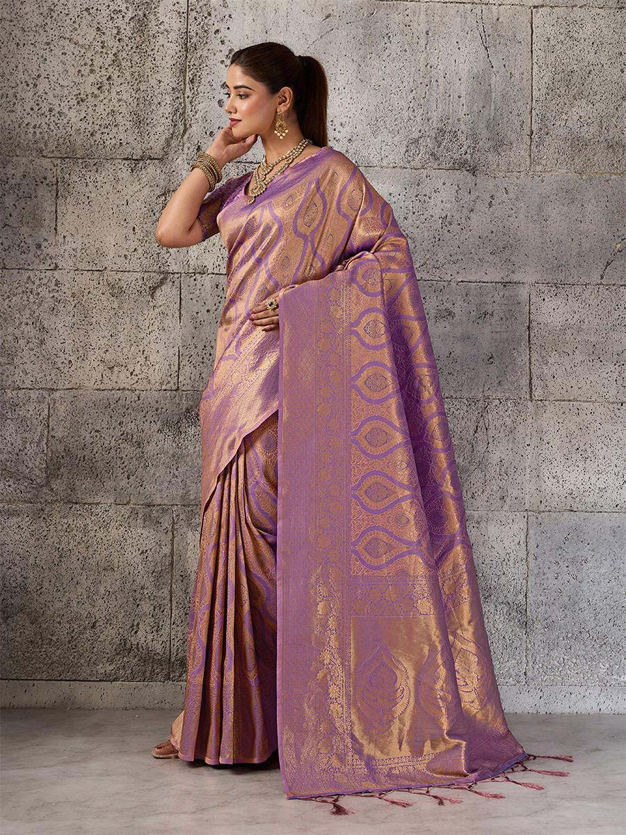 Light Purple Silk Blend Kanjivaram Wedding Reception Party Festival Casual Heavy Border Sarees