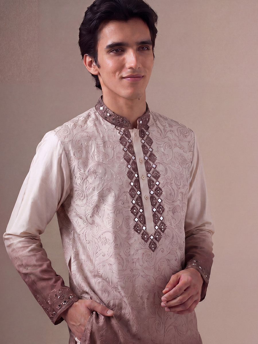 Light Purple Silk Embroidery Wedding Party Festival Casual Mens Wear Kurta