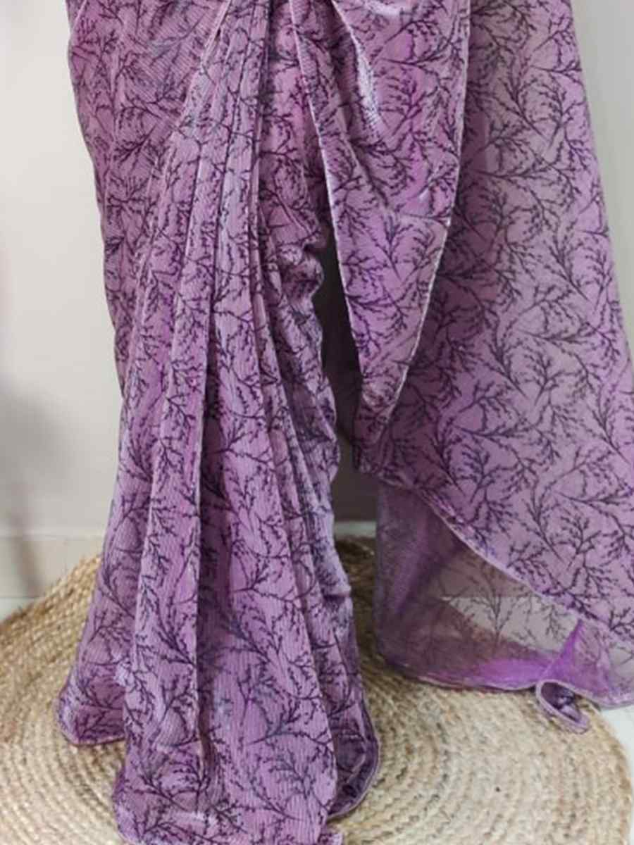 Light Purple Soft Net Printed Casual Festival Contemporary Saree