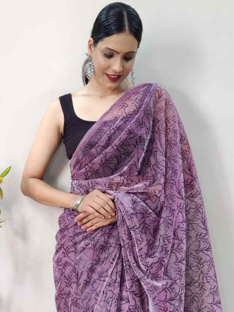 Light Purple Soft Net Printed Casual Festival Contemporary Saree