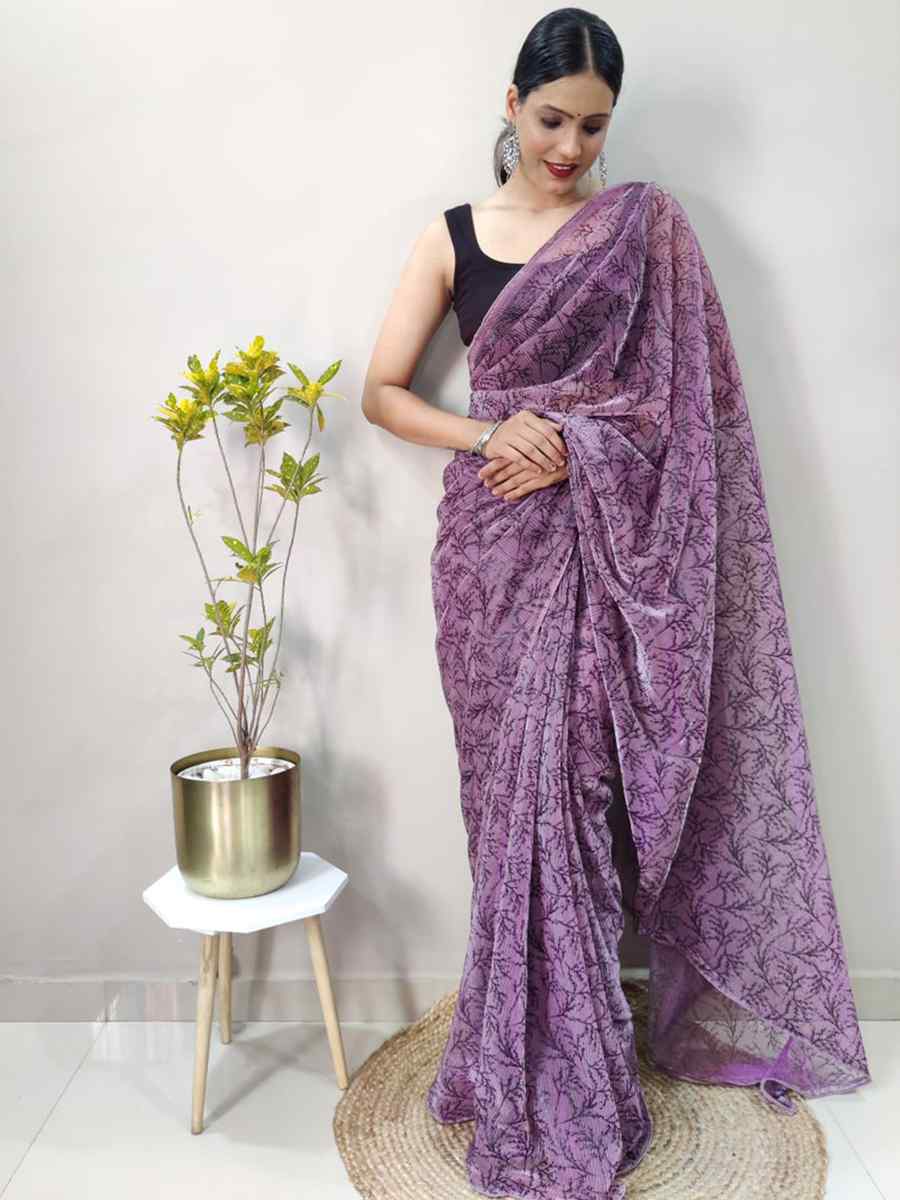 Light Purple Soft Net Printed Casual Festival Contemporary Saree