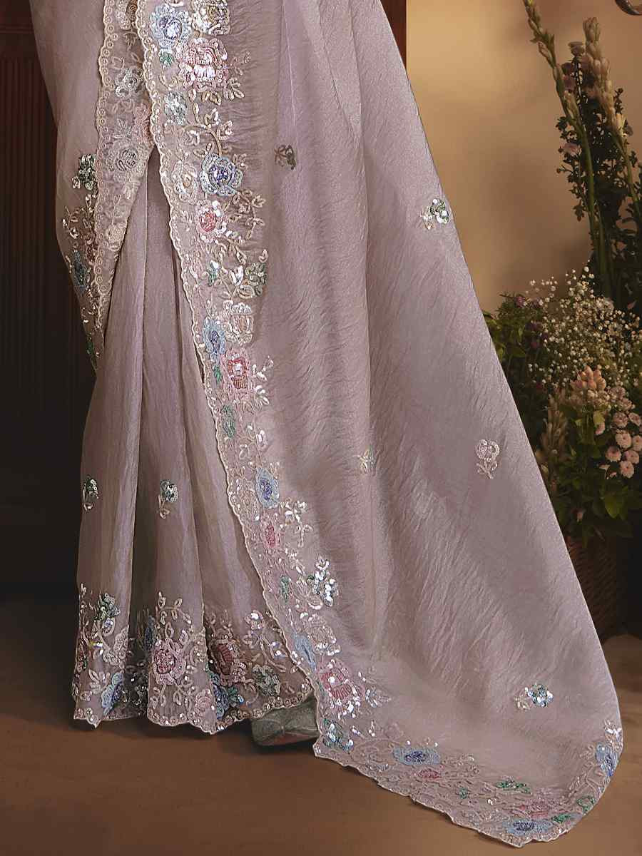 Light Purple Tissue Organza Embroidery Traditional Bridal Reception Festival Wedding Fancy Heavy Border Saree