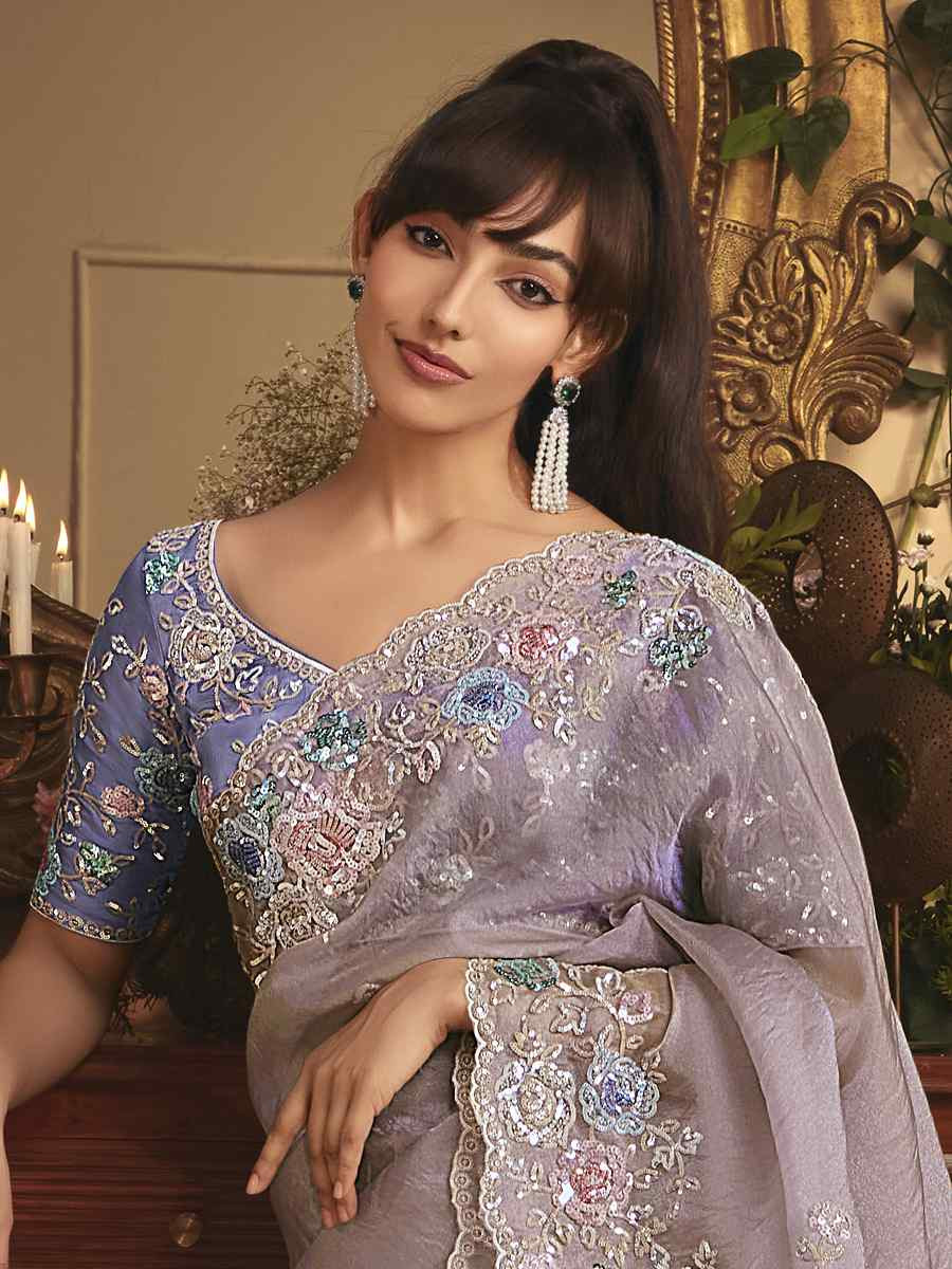 Light Purple Tissue Organza Embroidery Traditional Bridal Reception Festival Wedding Fancy Heavy Border Saree