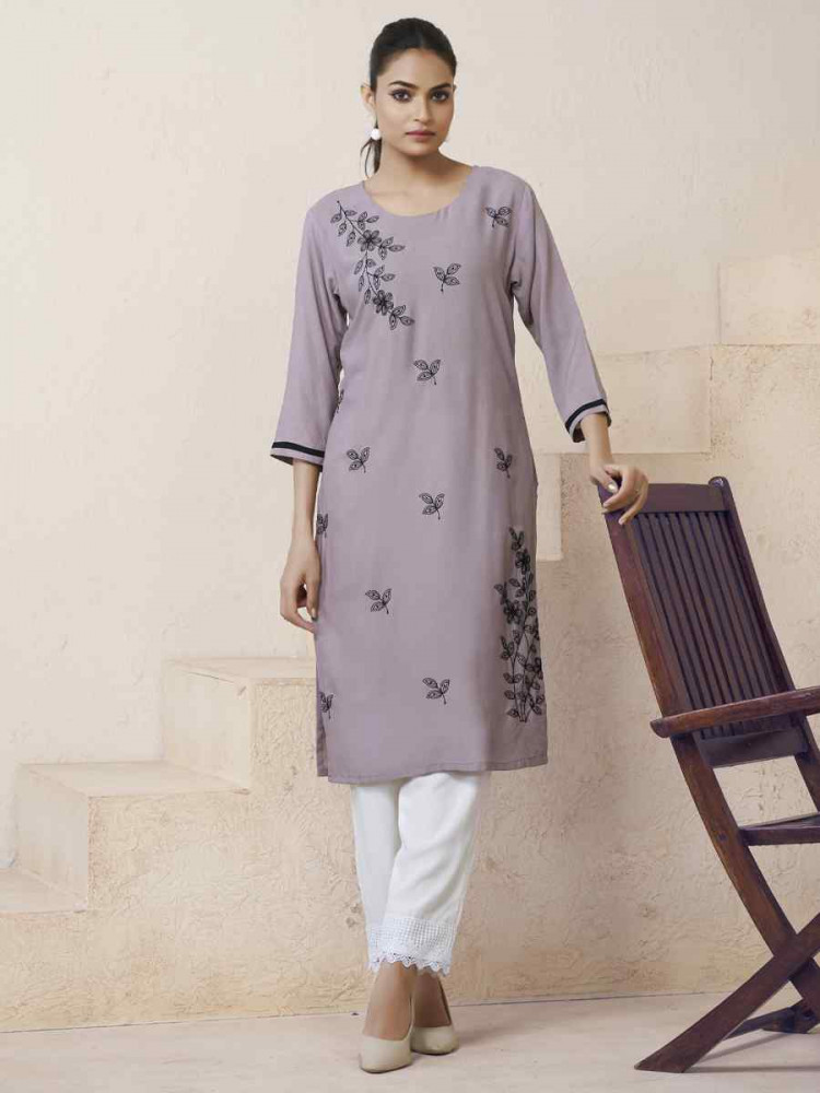 Light Purple Viscose Rayon Embroidered Festival Casual Kurti
