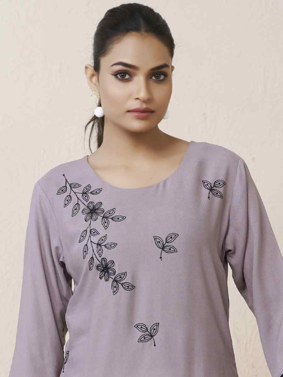 Light Purple Viscose Rayon Embroidered Festival Casual Kurti
