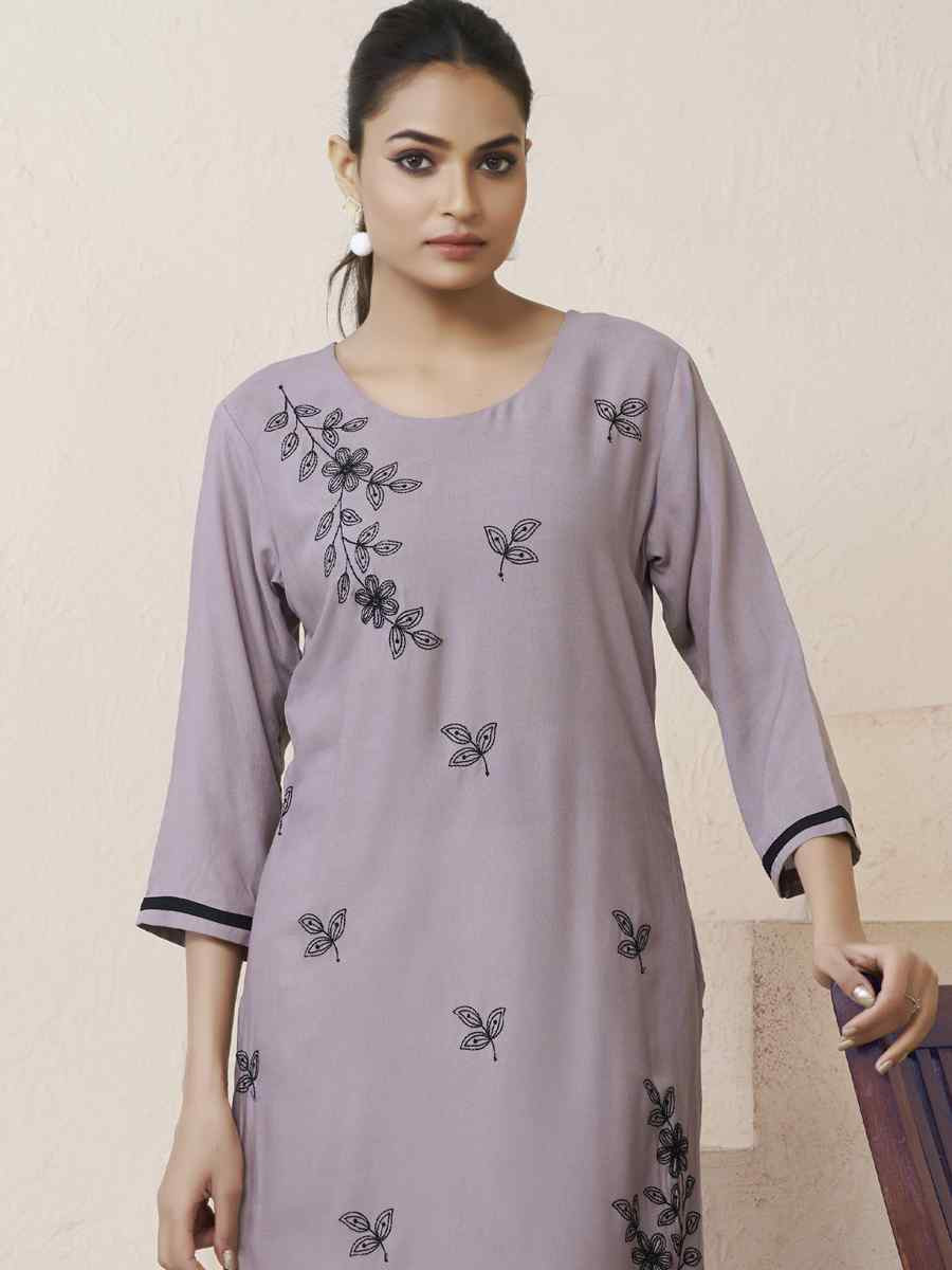 Light Purple Viscose Rayon Embroidered Festival Casual Kurti