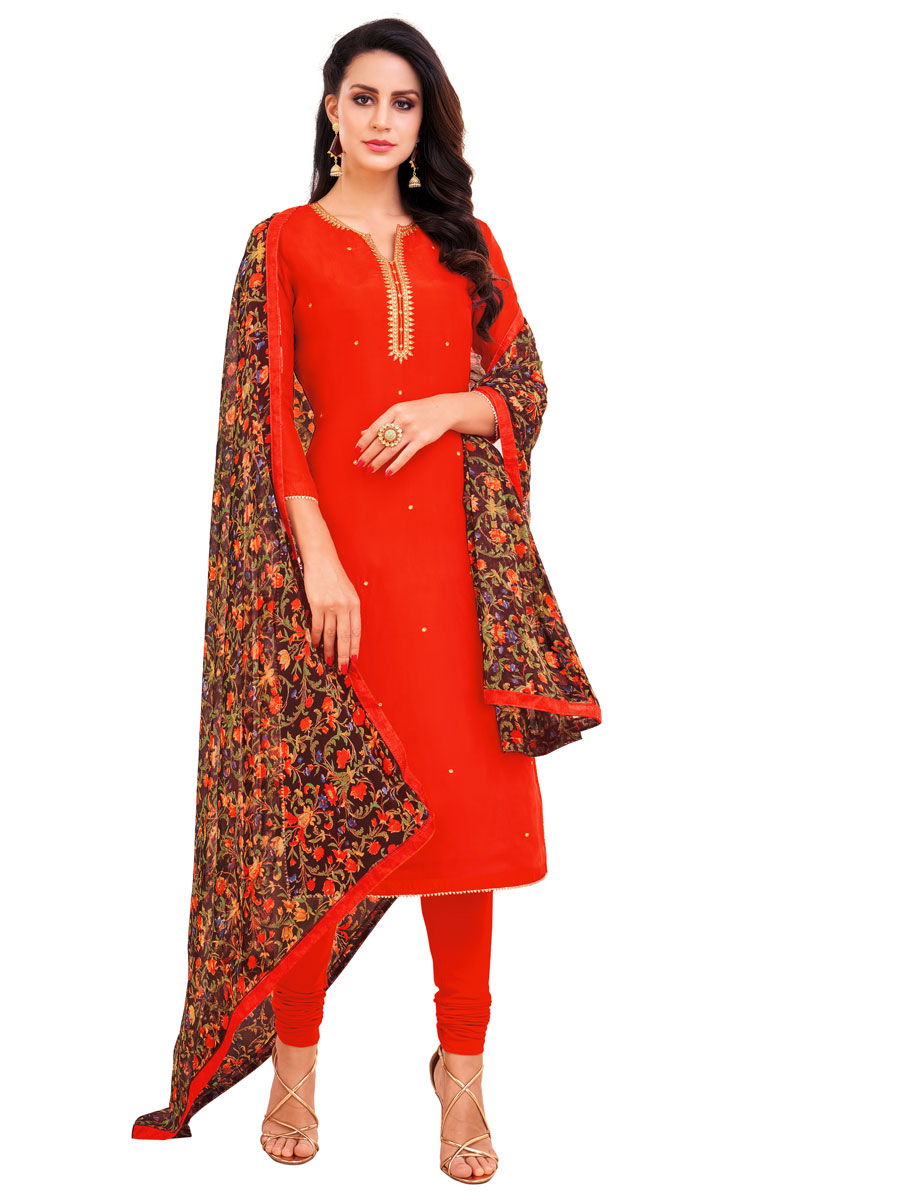 Light Red Chanderi Cotton Embroidered Party Churidar Pant Kameez