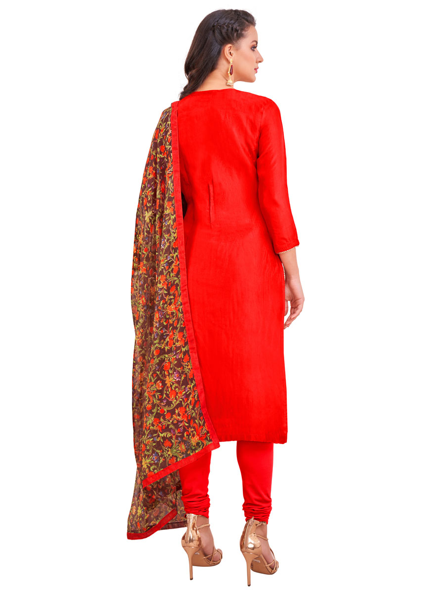 Light Red Chanderi Cotton Embroidered Party Churidar Pant Kameez