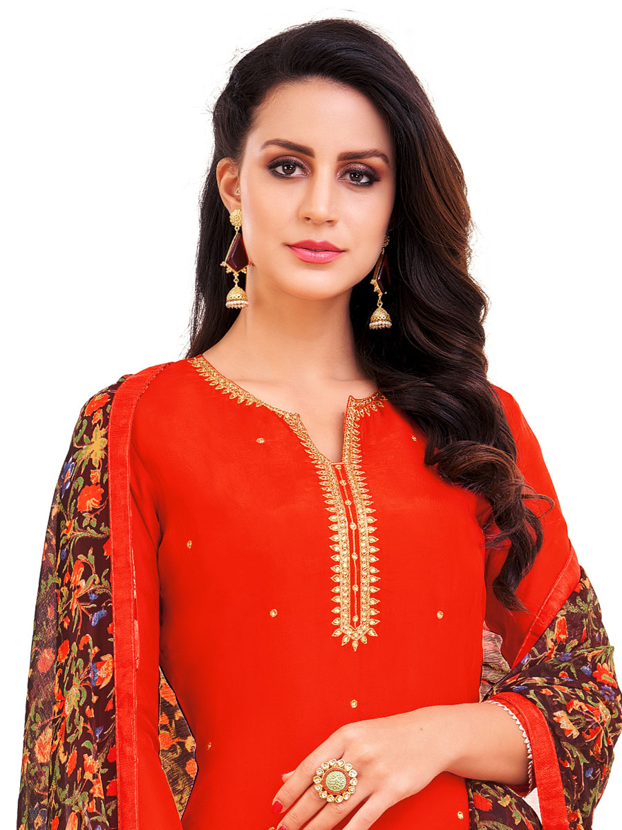 Light Red Chanderi Cotton Embroidered Party Churidar Pant Kameez