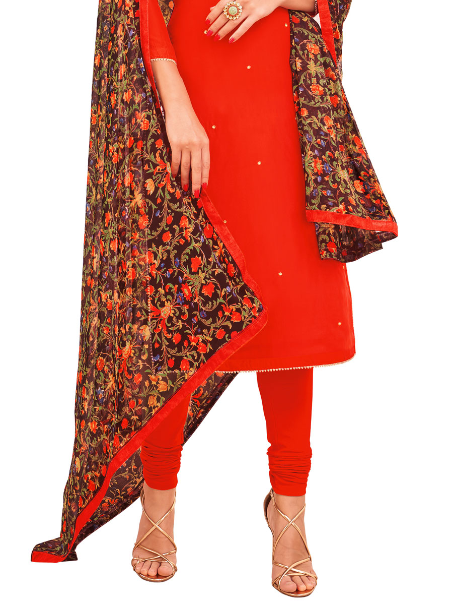 Light Red Chanderi Cotton Embroidered Party Churidar Pant Kameez