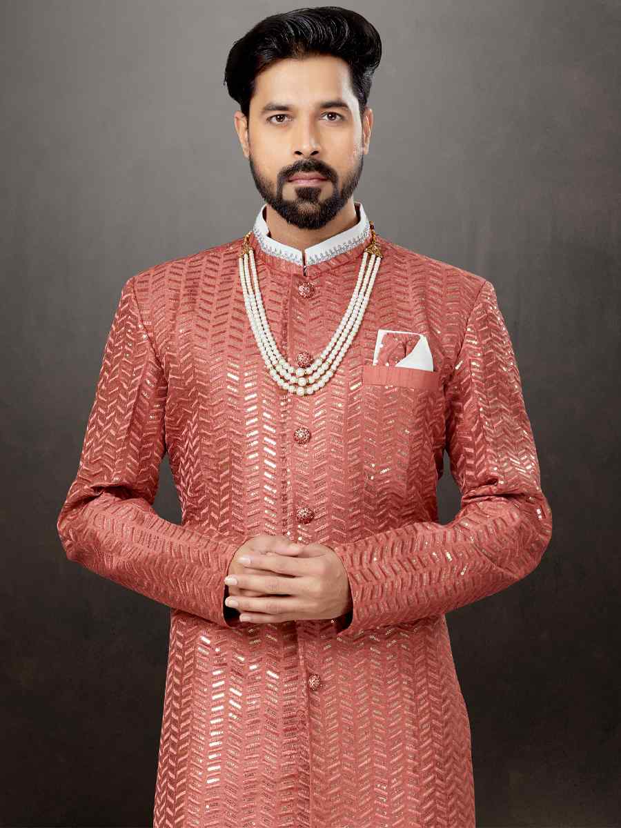 Light Red Jacquard Embroidered Festival Wedding Sherwani