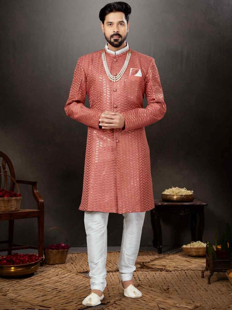 Light Red Jacquard Embroidered Festival Wedding Sherwani