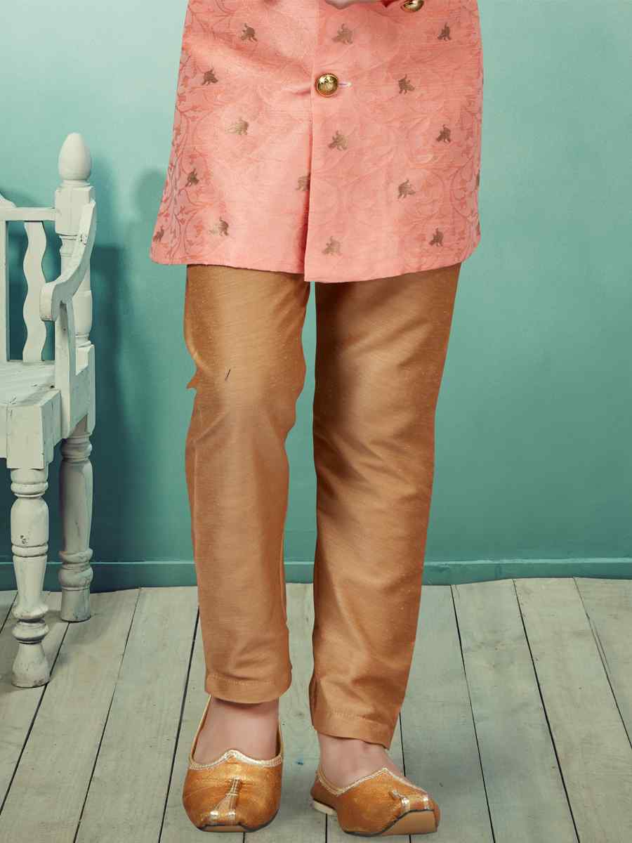 Light Red Jacquard Embroidered Party Festival Kurta Pyjama Boys Wear