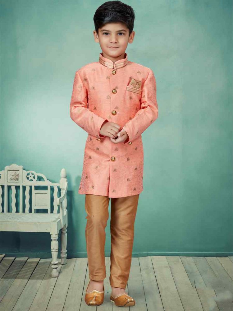 Light Red Jacquard Embroidered Party Festival Kurta Pyjama Boys Wear