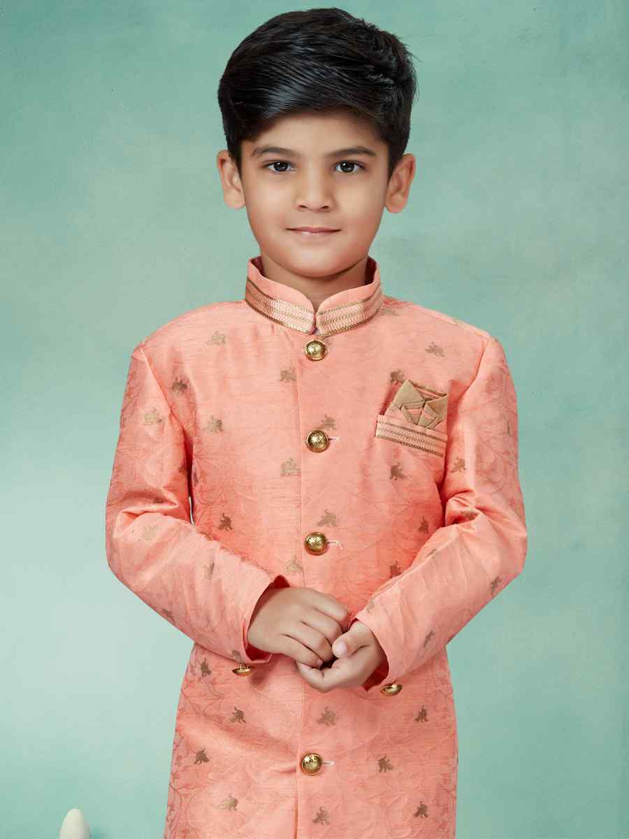 Light Red Jacquard Embroidered Party Festival Kurta Pyjama Boys Wear