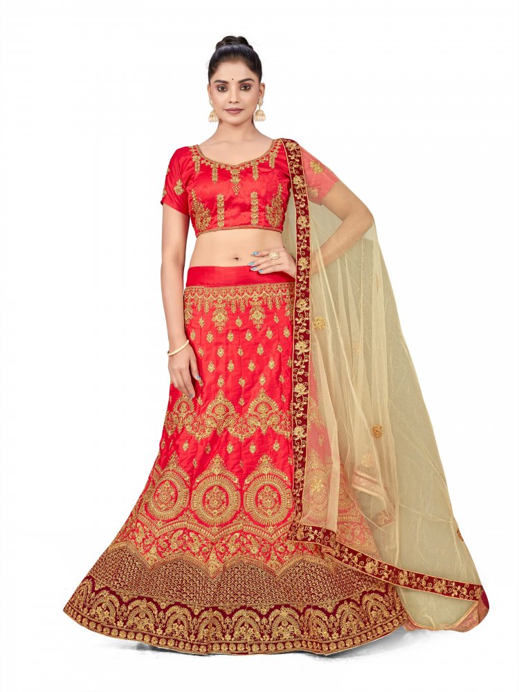 Light Red Silk Satin Velvet Net Embroidered Festival Wedding Heavy Border Lehenga Choli