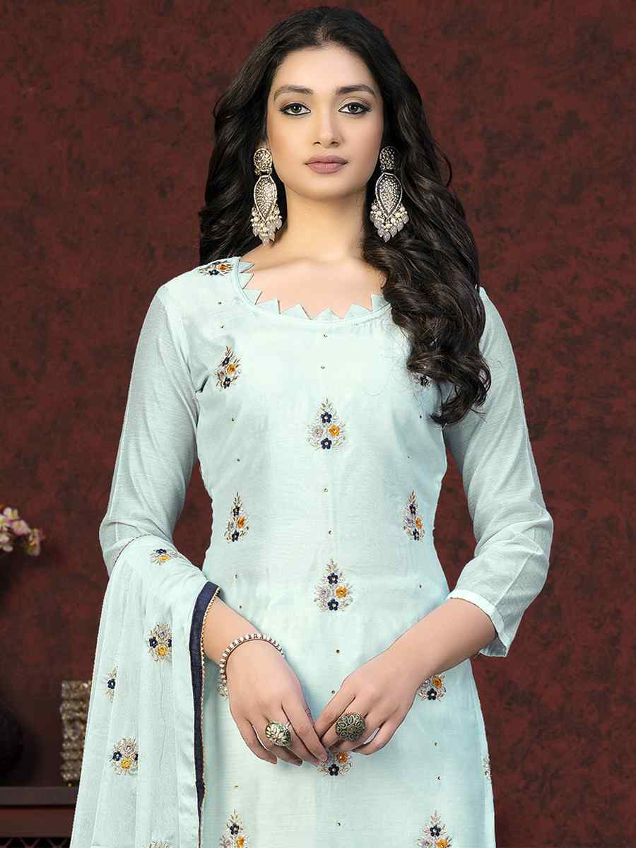 Light Sea Green Modal Chanderi Embroidered Casual Festival Pant Salwar Kameez