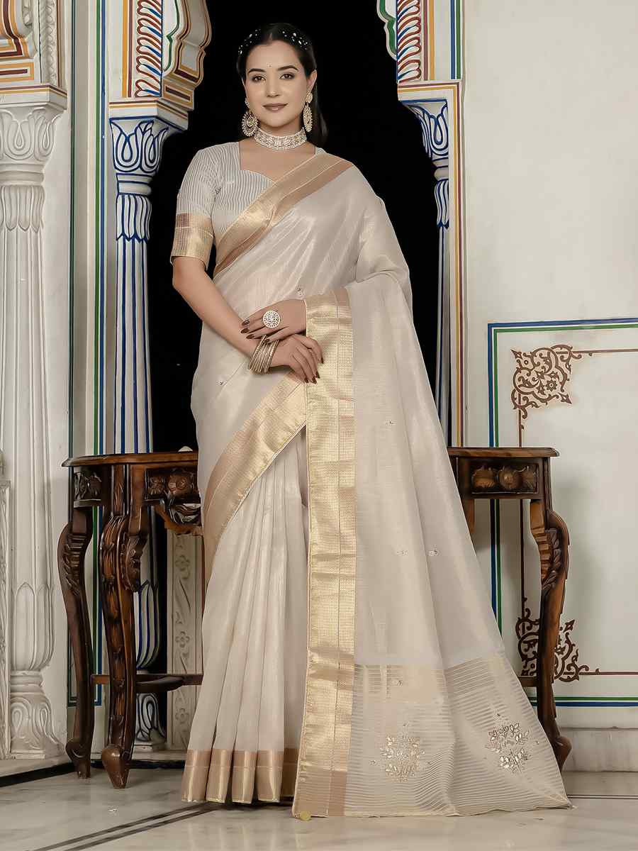 Light Silver Tissue Linen Handwoven Festival Wedding Fancy Heavy Border Saree
