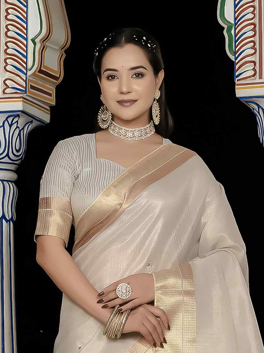 Light Silver Tissue Linen Handwoven Festival Wedding Fancy Heavy Border Saree