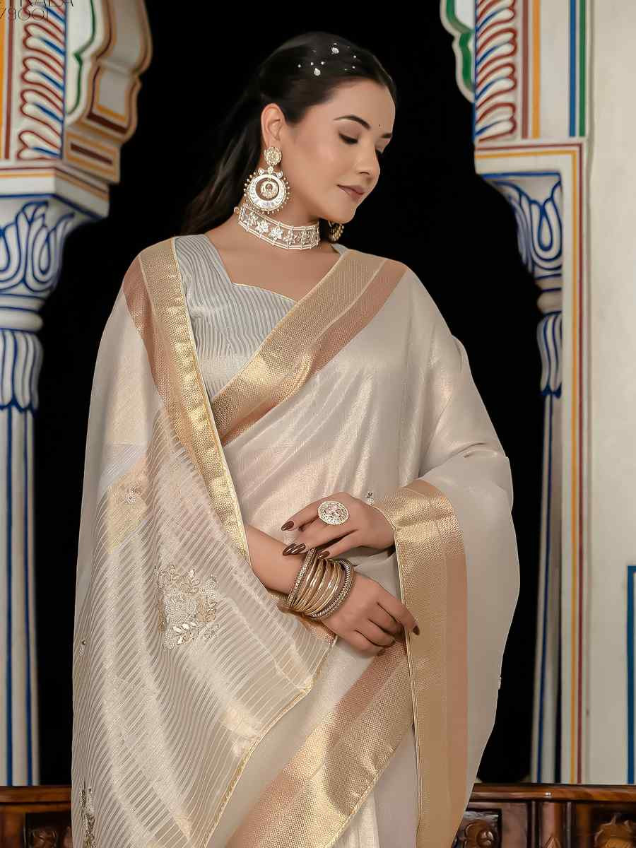 Light Silver Tissue Linen Handwoven Festival Wedding Fancy Heavy Border Saree