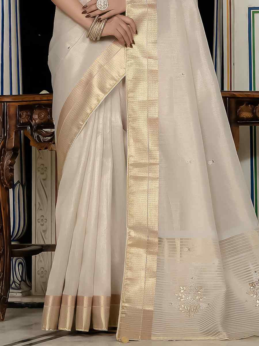 Light Silver Tissue Linen Handwoven Festival Wedding Fancy Heavy Border Saree