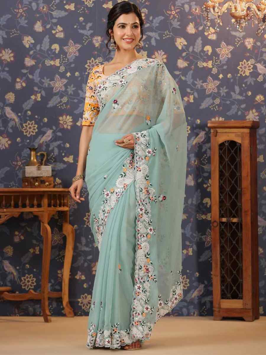 Light Sky Blue Georgette Embroidered Party Reception Heavy Border Saree