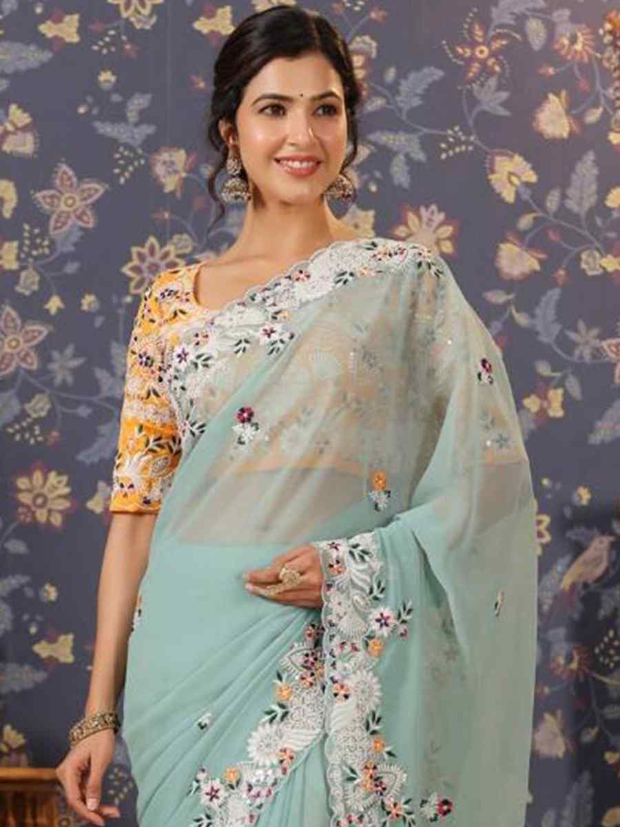 Light Sky Blue Georgette Embroidered Party Reception Heavy Border Saree