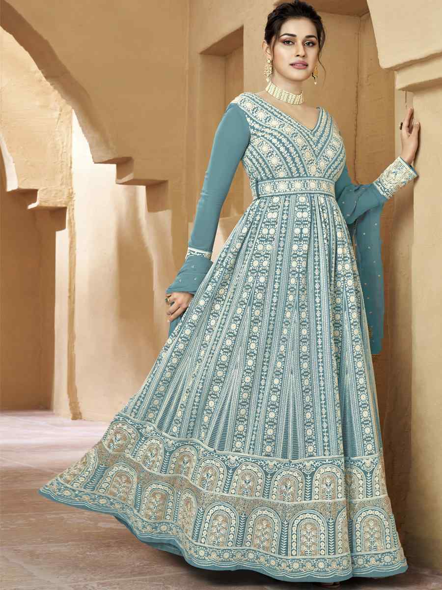 Light Sky Blue Heavy Faux Georgette Embroidered Festival Party Anarkali Salwar Kameez