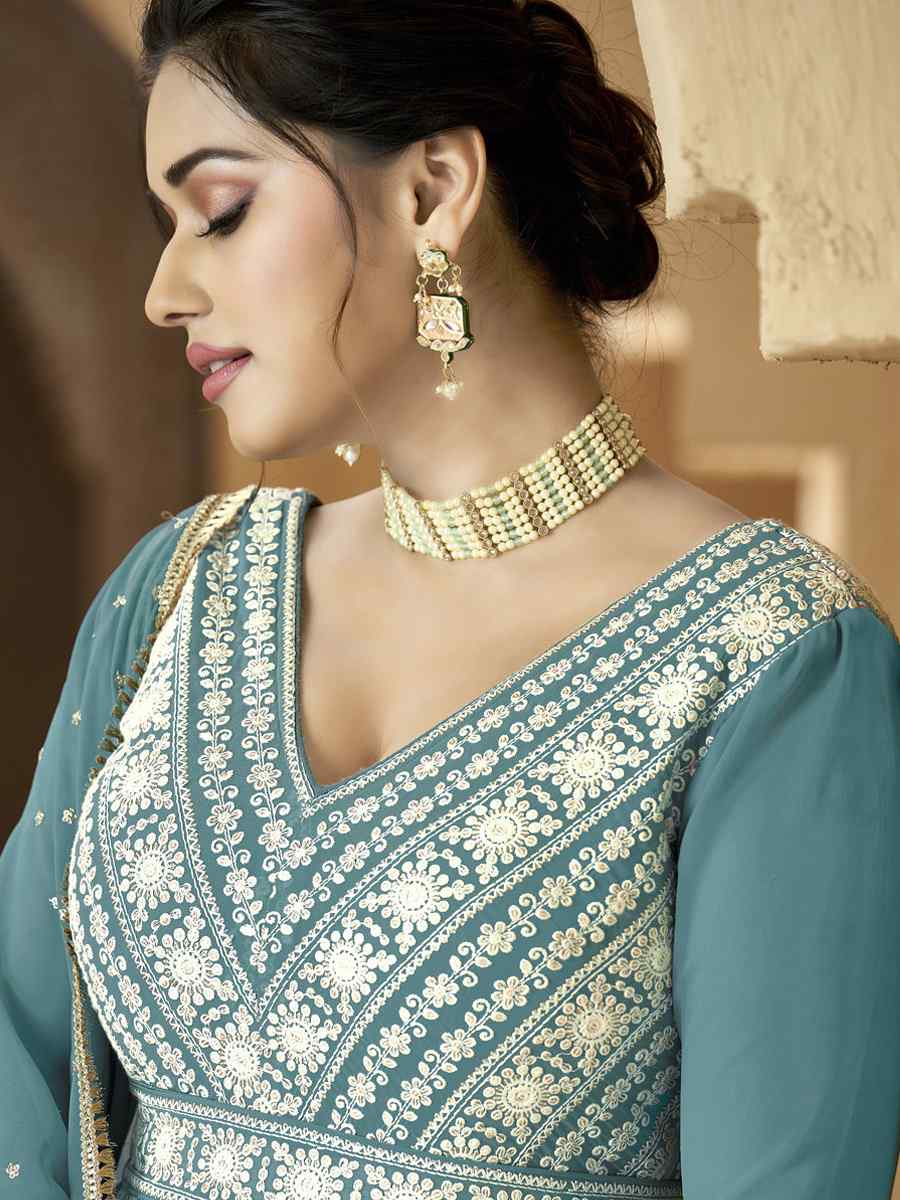 Light Sky Blue Heavy Faux Georgette Embroidered Festival Party Anarkali Salwar Kameez
