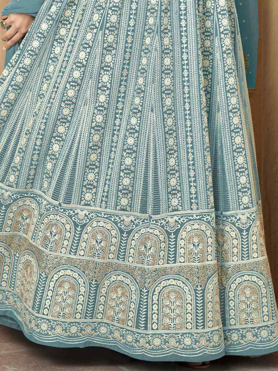 Light Sky Blue Heavy Faux Georgette Embroidered Festival Party Anarkali Salwar Kameez
