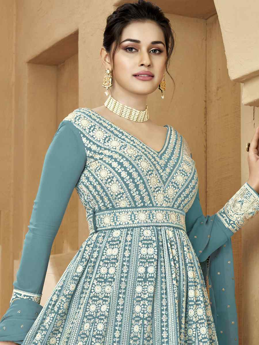 Light Sky Blue Heavy Faux Georgette Embroidered Festival Party Anarkali Salwar Kameez