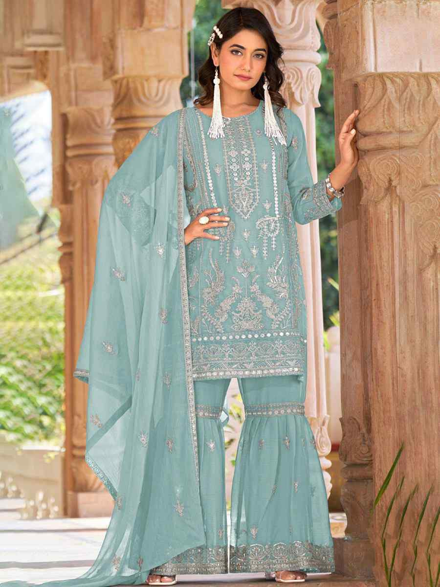 Light Sky Blue Heavy Nylon Organza Embroidered Festival Wedding Sharara Pant Salwar Kameez