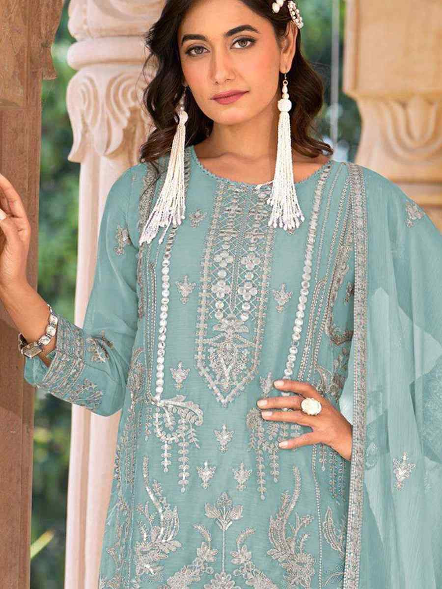 Light Sky Blue Heavy Nylon Organza Embroidered Festival Wedding Sharara Pant Salwar Kameez
