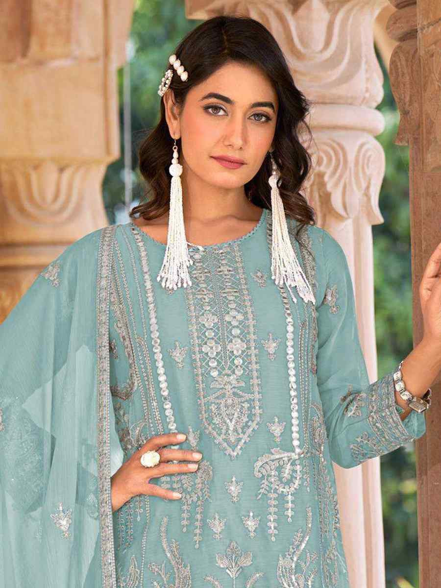 Light Sky Blue Heavy Nylon Organza Embroidered Festival Wedding Sharara Pant Salwar Kameez