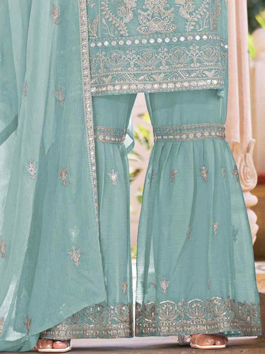 Light Sky Blue Heavy Nylon Organza Embroidered Festival Wedding Sharara Pant Salwar Kameez