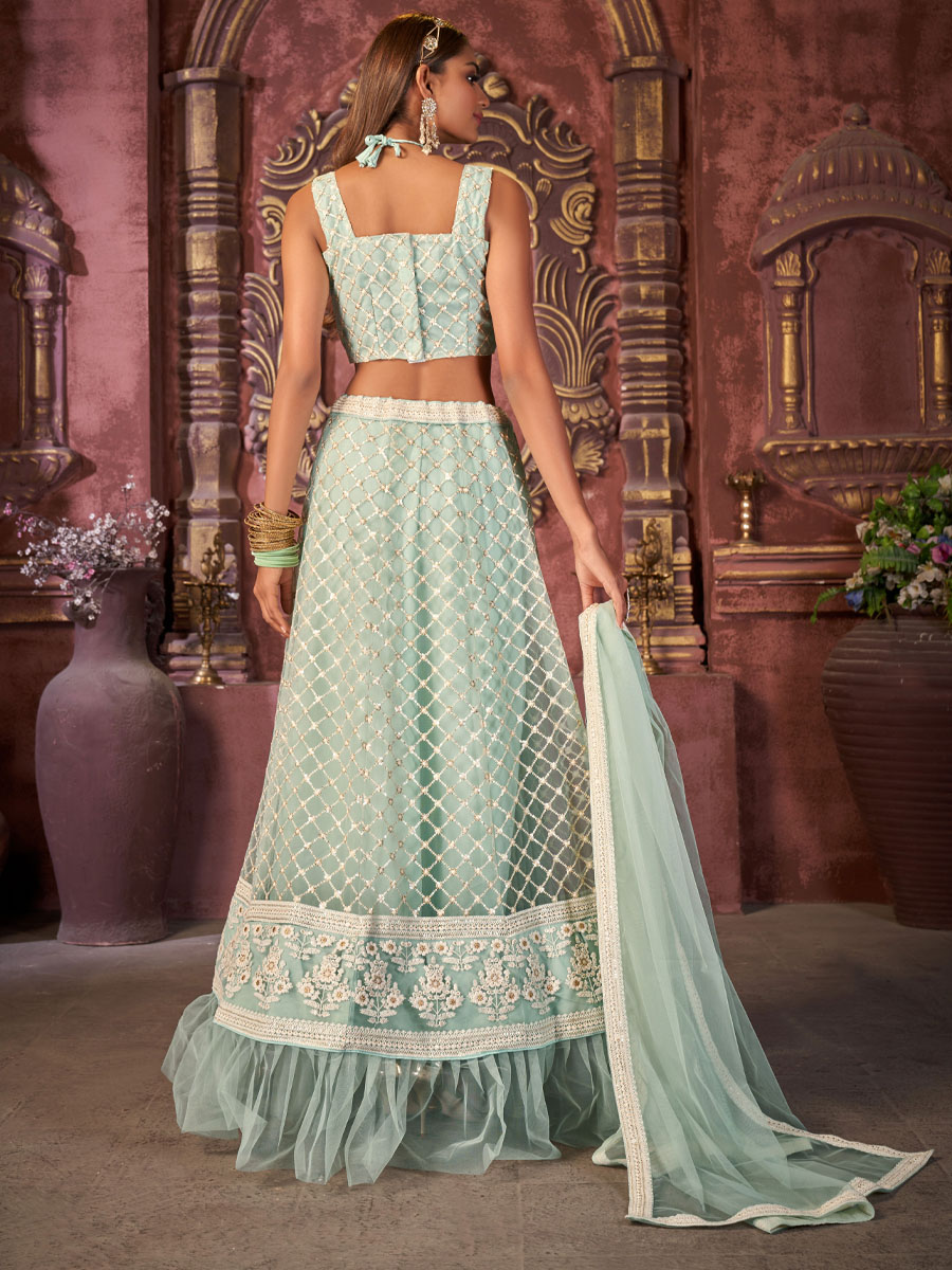 Light Sky Blue Net Embroidered Festival Party Wear Heavy Border Lehenga Choli